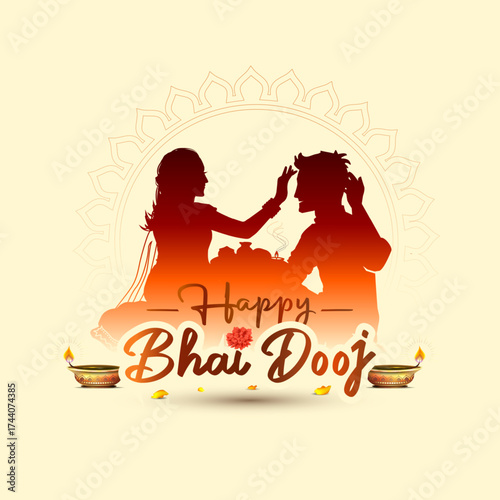 Vector illustration of Happy Bhai Dooj or Bhaiya Dooj Indian hindu festival greeting postcard. Silhouette of girl applying tilak on brother forehead background.
