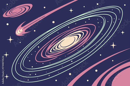 Vibrant abstract galaxy swirls with star clusters and cosmic elements