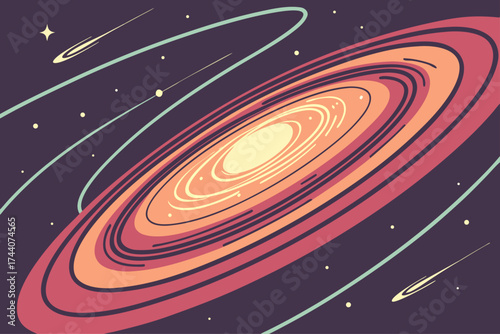 Abstract swirling galaxy with comet trails and celestial elements
