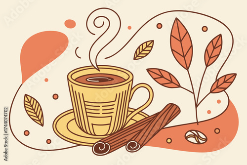 Abstract coffee mug and cinnamon stick cozy flat design