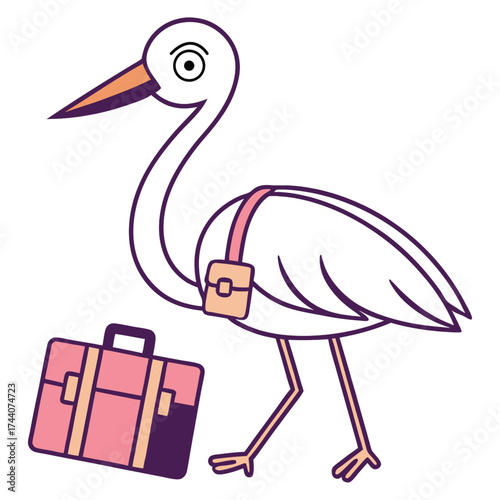 Whimsical crane with suitcase ready for travel adventure advertisement vector