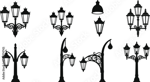 Set of vintage street lamp silhouettes with ornate lanterns and scrollwork—vector illustration for classical, historical, and urban design themes
