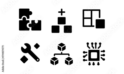 Black icons of technology and organization concepts in minimalist style
