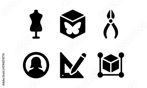 Black silhouette icons for fashion, craft, and design projects