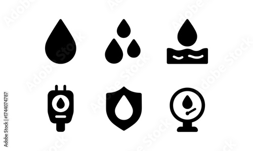 Water drop icon set: abstract symbols of hydration and measurement