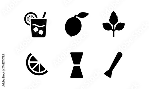 Silhouette bar icons: lemon, muddler, mixology essentials