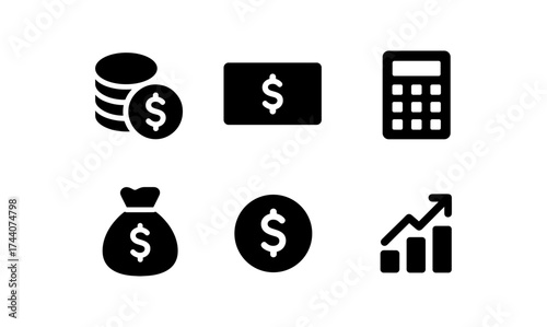 Financial symbols: money icons featuring coins, cash, and growth indicators