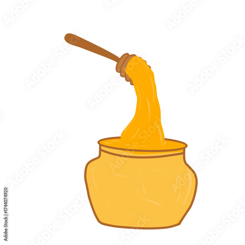 Illustration of honey dripping on a wooden spoon. Illustration of honey in a jar. Flat design of sweet honey. Illustration of dripping honey