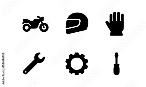 Essential motorcycle gear and tools icons set in black silhouette style
