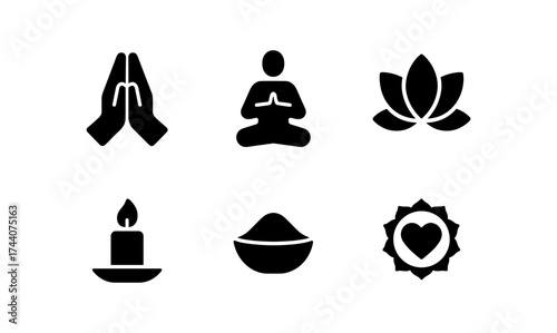 Minimalist icons of meditation and wellness: hands, lotus, yoga, and candle