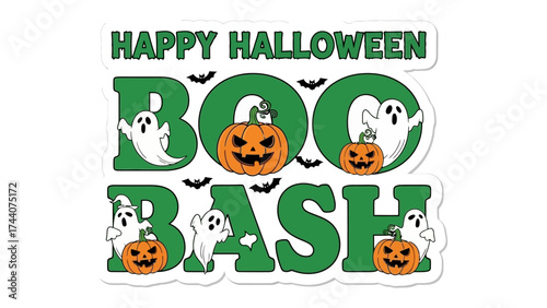Halloween Boo Bash: A vibrant Halloween illustration, showcasing spooky ghosts, jack-o'-lanterns, and the phrase Boo Bash in a playful and festive design.