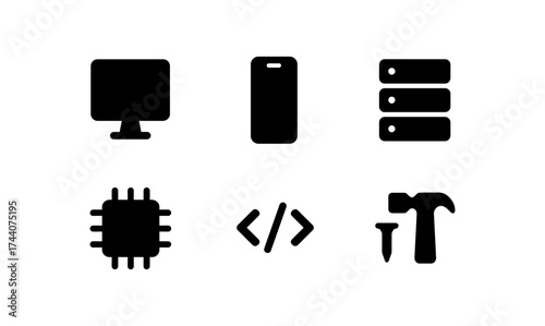 Tech icon set: computer, smartphone, server, chip, coding, tools in silhouette style