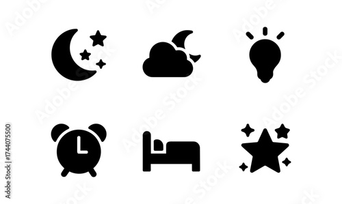 Minimalist nighttime elements: moon, stars, and sleep icon set