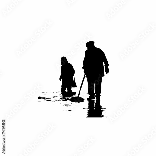 Silhouette of a city sanitation worker cleaning a clogged drain during heavy rain isolated on white background