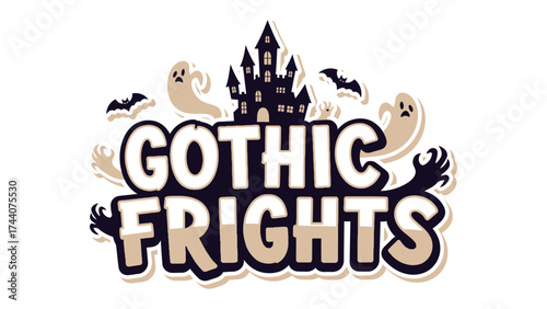 Gothic Frights: A spooky illustration evoking Halloween with a haunted castle, bats, and ghosts. A scary image for autumn festivals or haunted attraction.