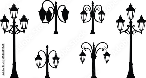 Set of ornate street lamp silhouettes with vintage lanterns and decorative bases—vector illustration for classical, historical, and urban design themes