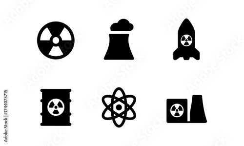 Minimalist nuclear energy icons set with atomic and radiation symbols