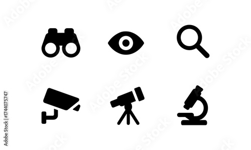 Set of black silhouette science and observation icons in minimalist style