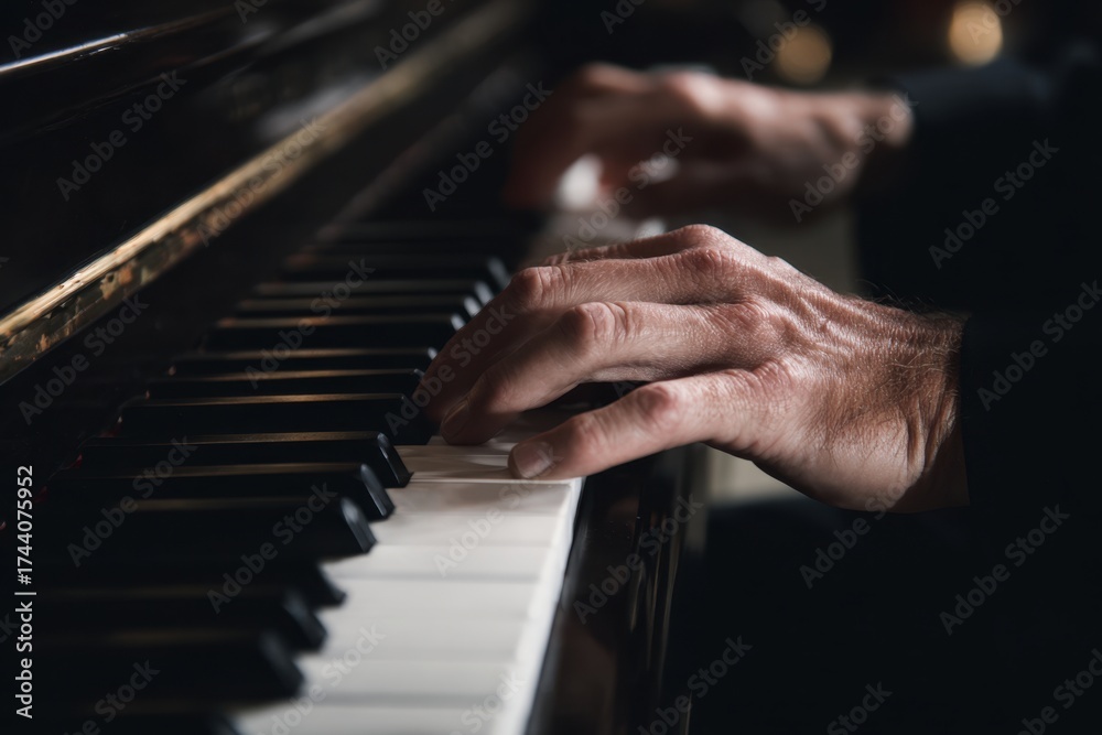 Fototapeta premium Hands playing classical piano keys performing music