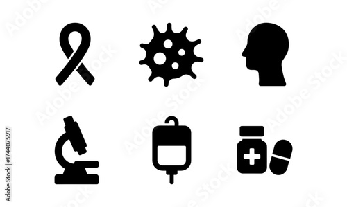 Set of medical icons featuring ribbon, virus, head, microscope, blood bag, pills in bold silhouette style