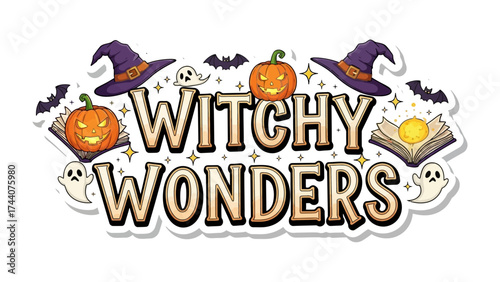 Witchy Wonders Illustration: An enchanting and whimsical illustration, with bats, grinning pumpkins, friendly ghosts, and other spooky Halloween objects. 
