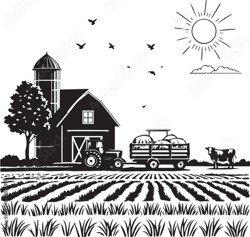 Farm scene with barn, silo, tractor, cow, crops, sun, and birds in black silhouette rural style