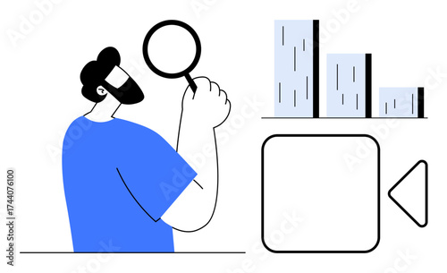 Man holding magnifying glass, examining bar graphs and analysis interface element. Ideal for data analysis, research, evaluation, curiosity, exploration, decision-making and focus metaphor. Clean
