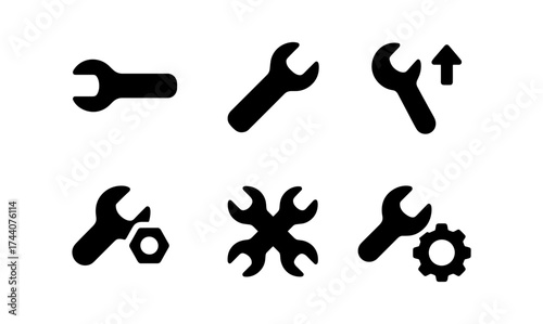 Set of black silhouette wrench icons for tools and maintenance