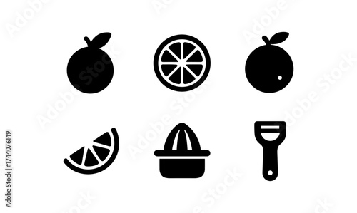 Citrus fruit icons: simple black silhouettes of orange variations and tools