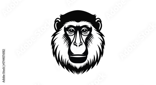 Black and white monkey head logo on white background Keywords: monkey, primate, animal, mammal