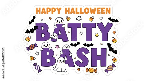 Spooky Halloween Celebration: Festive Batty Bash text is surrounded by playful illustrations, including ghosts, bats, and candy corn, celebrating the spooky spirit of Halloween. 