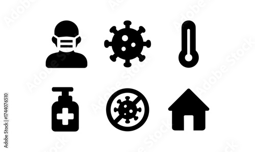 Essential health and safety icons: pandemic, protection, and home care
