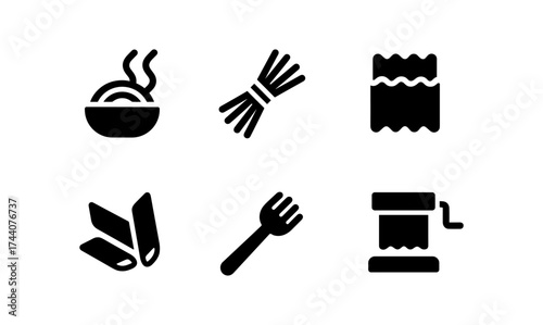 Minimalist food icons: pasta and kitchen tools in bold black silhouette