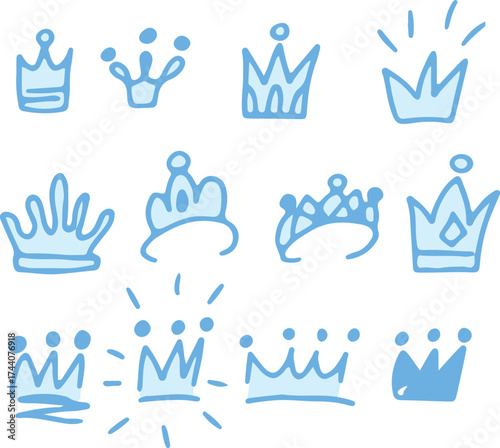 Vector doodle set of hand-sketched crowns and royal tiaras in sketch style. Drawn with blue curved lines in grunge style