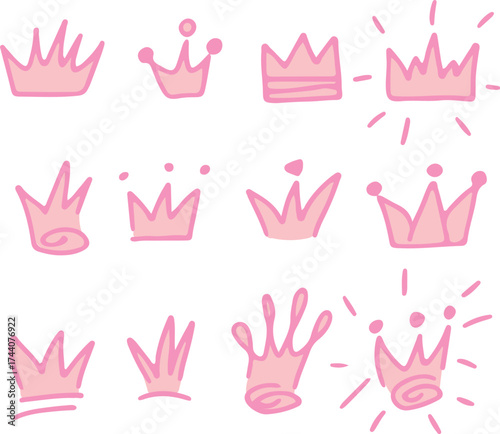 Royal crown and tiara doodles, hand-drawn in sketch vector style illustrations. Drawn with pink curved lines in grunge style