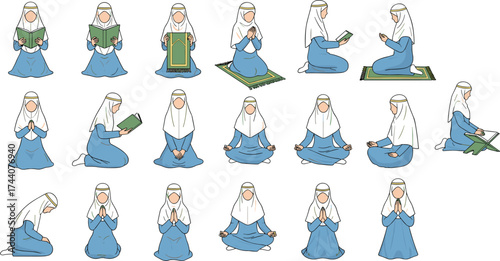 Muslim woman prayer pose illustration set, Islamic worship sequence, Salah movements, reading Quran, spiritual devotion, cartoon vector art, religious education
