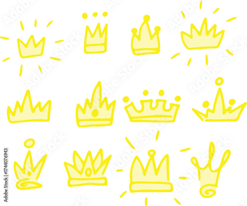 Set of sketch style hand-drawn crowns and royal tiaras in doodle vector form. Drawn with yellow curved lines in grunge style