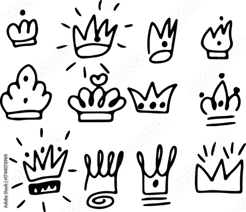 Doodle vector crown set with hand-sketched royal tiaras and crown drawings. Drawn with black curved lines in grunge style