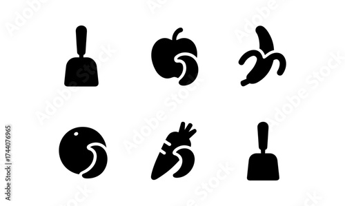 Minimalist black icons of fruits and garden tools