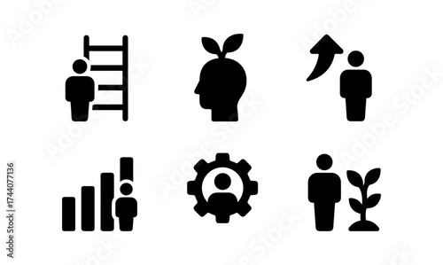 Black silhouette icons representing personal growth and development concepts