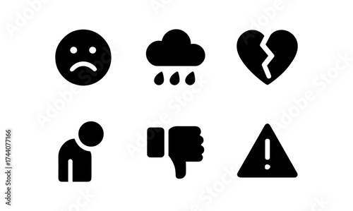 Minimalist icons representing sadness, rainy weather, heartbreak, and caution