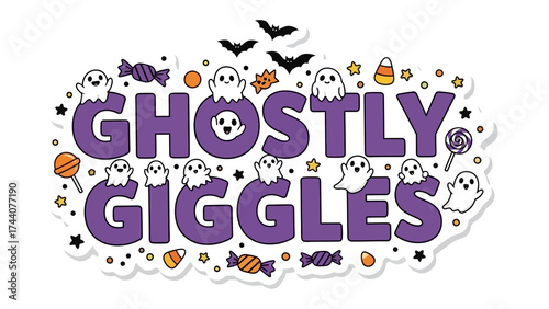 Ghostly Giggles Halloween Design: A whimsical Halloween design featuring cute ghost characters and a playful, eye-catching title, perfect for creating a festive and fun atmosphere.