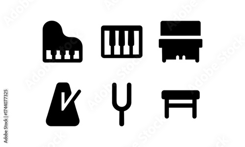 Minimalist piano icons collection: instruments, notes, and accessories