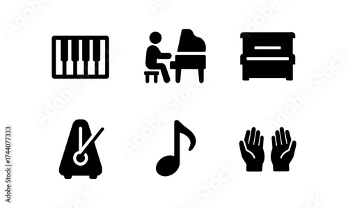 Musical icons: piano, keyboard, metronome, and music notes in black silhouette style