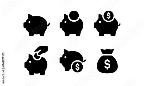 Silhouette icons of piggy banks and money bags for financial savings and investment concepts