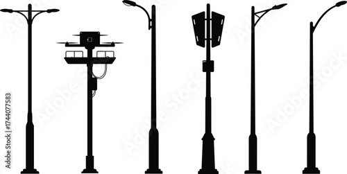 Set of modern streetlight pole silhouettes with surveillance, signage, curved arms, sensor boxes—urban infrastructure vector illustration for smart city themes