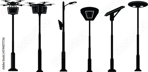 Set of modern streetlight pole silhouettes with drone, solar panel, display, surveillance camera—smart city infrastructure vector illustration concept