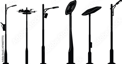 Set of modern streetlight pole silhouettes with drone, surveillance, display, solar panel, birdhouse features—smart city infrastructure vector illustration