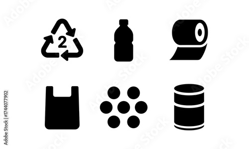 Recycling icons set: plastic, paper, and waste management symbols