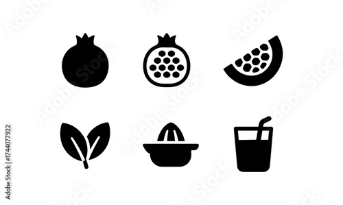 Minimalist icons of pomegranate, leaves, juicer, and drink in black silhouette